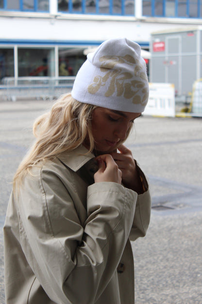 white "ff" beanie